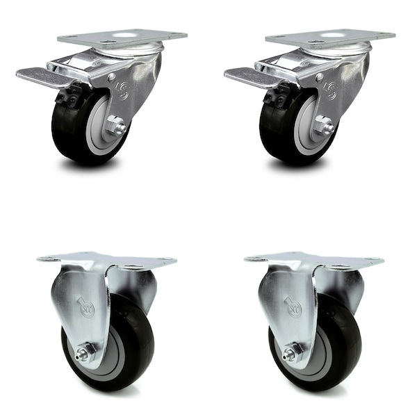 3.5 Inch Black Polyurethane Swivel Top Plate Caster Lock Brake 2 Rigid SCC, 2PK